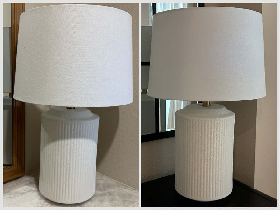 Pair Of White Table Lamps - One Cordless and Requires Battery Operated Bulb 24'H