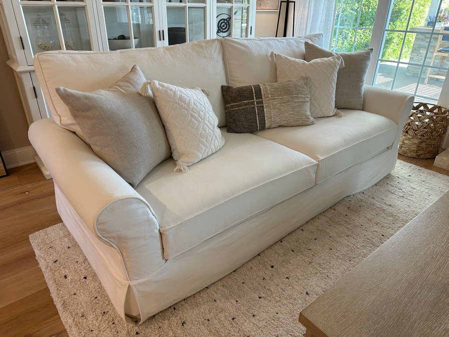 Pottery Barn Slipcovered Sofa 94'W X 40'D X 40'H With Five Throw Pillows [Photo 2]