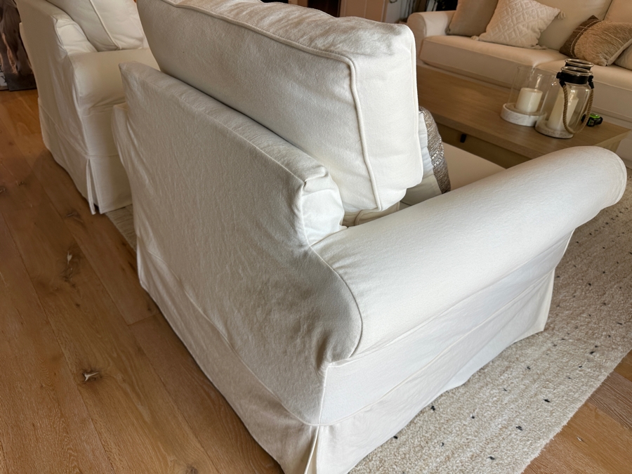 Pair Of Pottery Barn Slipcovered Armchairs 40'W X 39'D X 39'H With Two Throw Pillows [Photo 5]