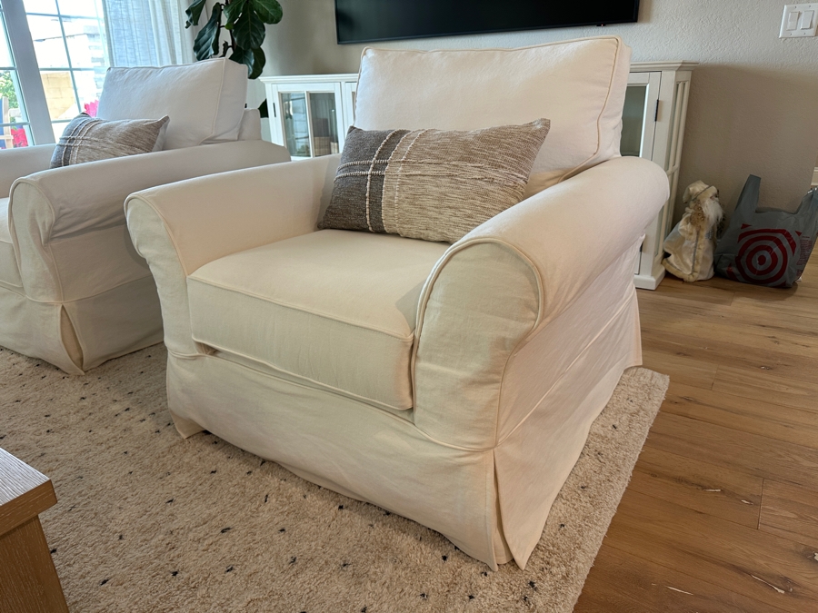 Pair Of Pottery Barn Slipcovered Armchairs 40'W X 39'D X 39'H With Two Throw Pillows [Photo 3]