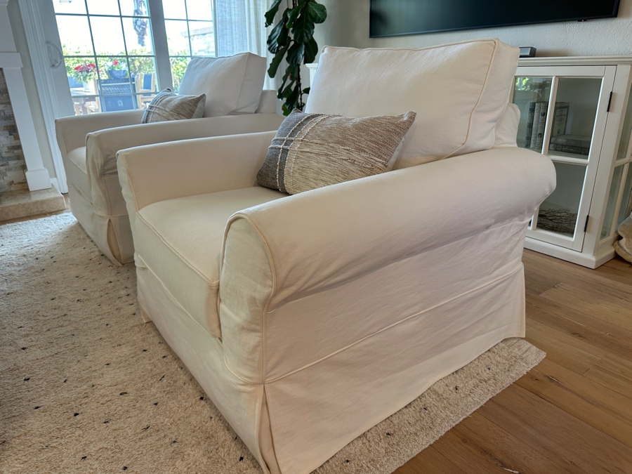 Pair Of Pottery Barn Slipcovered Armchairs 40'W X 39'D X 39'H With Two Throw Pillows [Photo 2]