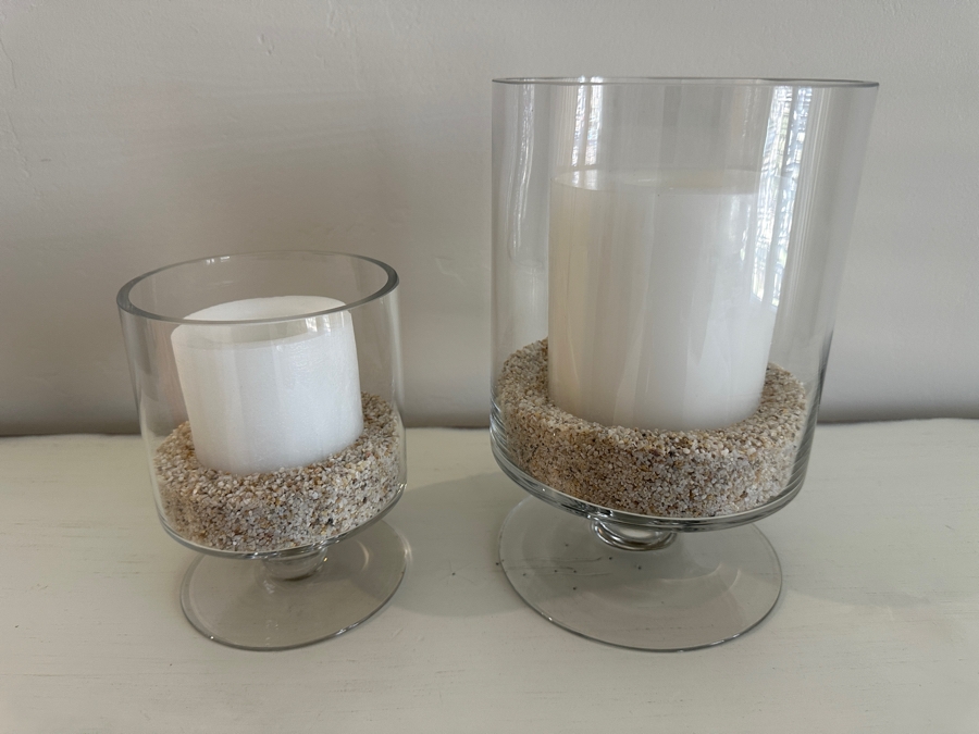 Pair Of Glass Pedestal Candle Holders 6'H & 9'H [Photo 2]