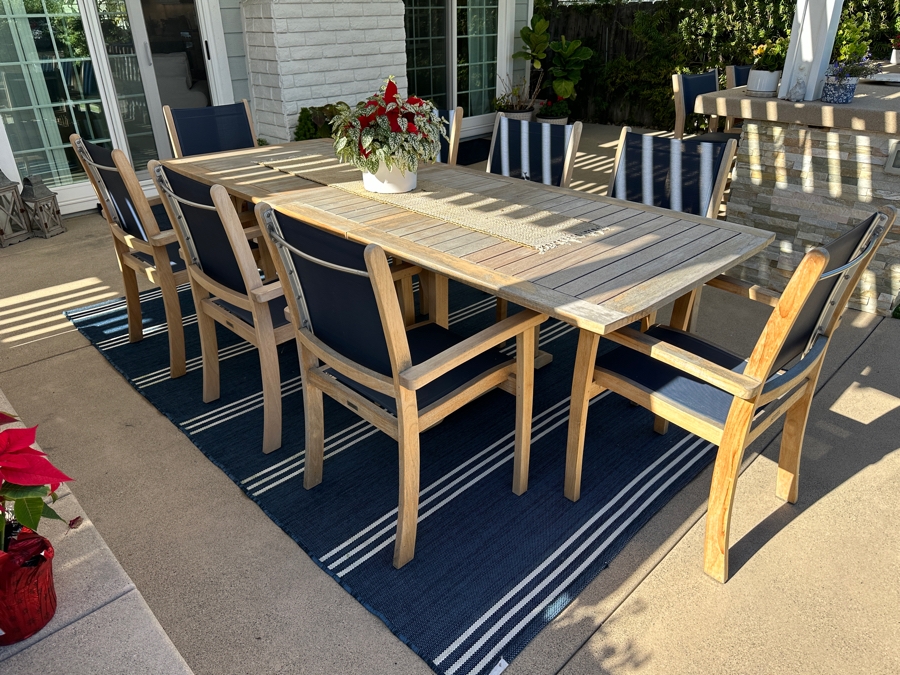 HiTeak Outdoor Premier Teak Furniture Dining Table 39.5'W X 101'L X 29.5'H With (8) HiTeak Outdoor Teak Armchairs Retails $5,500+