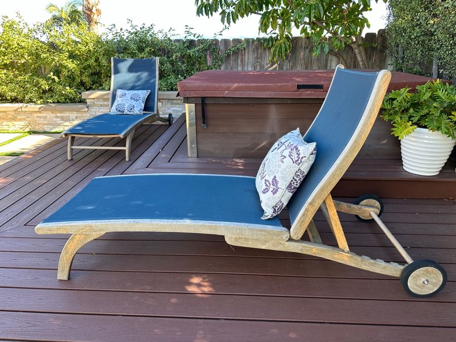 Pair Of HiTeak Outdoor Premier Teak Furniture Pearl Sunlounger Chaise Lounge Chairs Retails $2,450