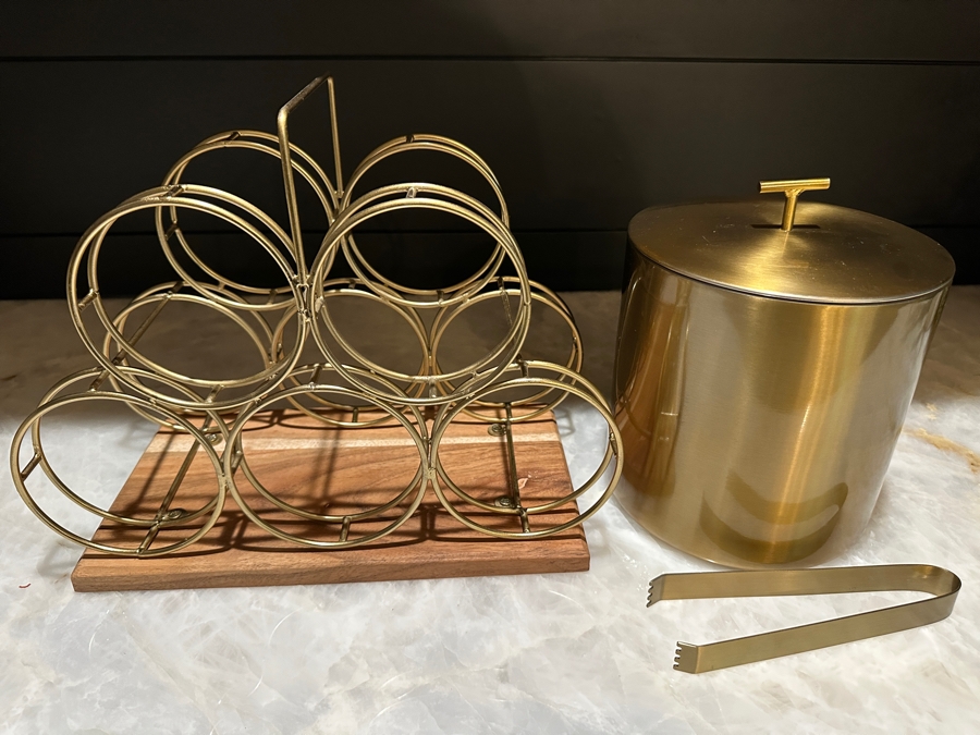 Gold-Tone Metal and Wood Countertop Wine Rack with Ice Bucket and Tongs