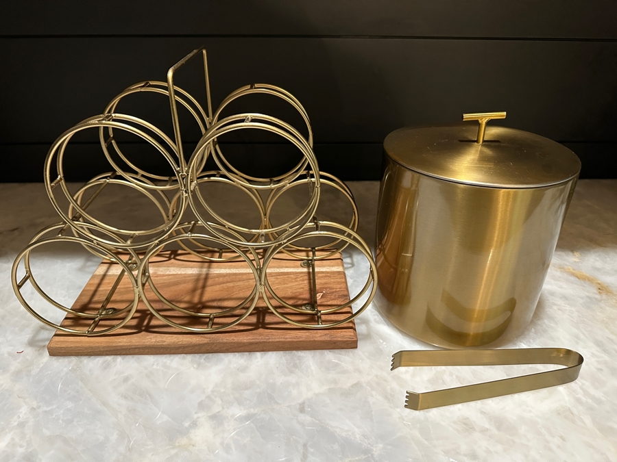 Gold-Tone Metal and Wood Countertop Wine Rack with Ice Bucket and Tongs [Photo 2]