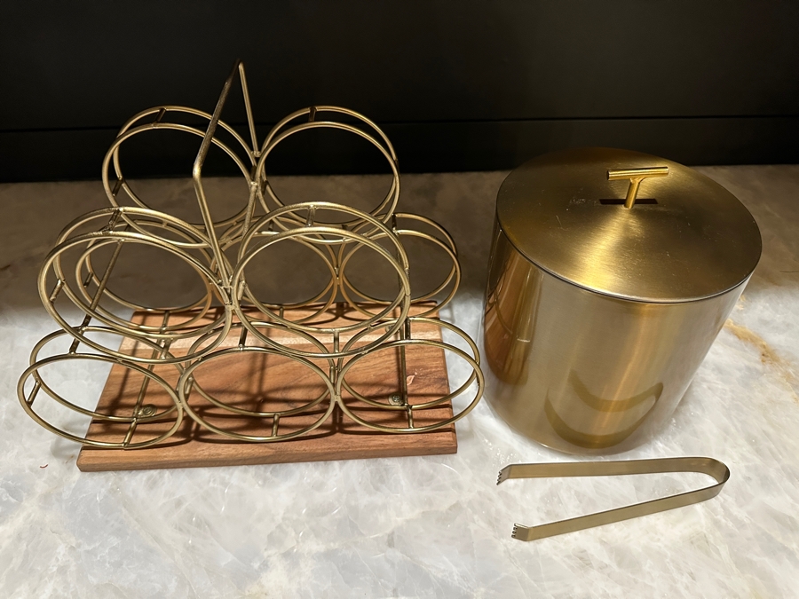 Gold-Tone Metal and Wood Countertop Wine Rack with Ice Bucket and Tongs [Photo 3]