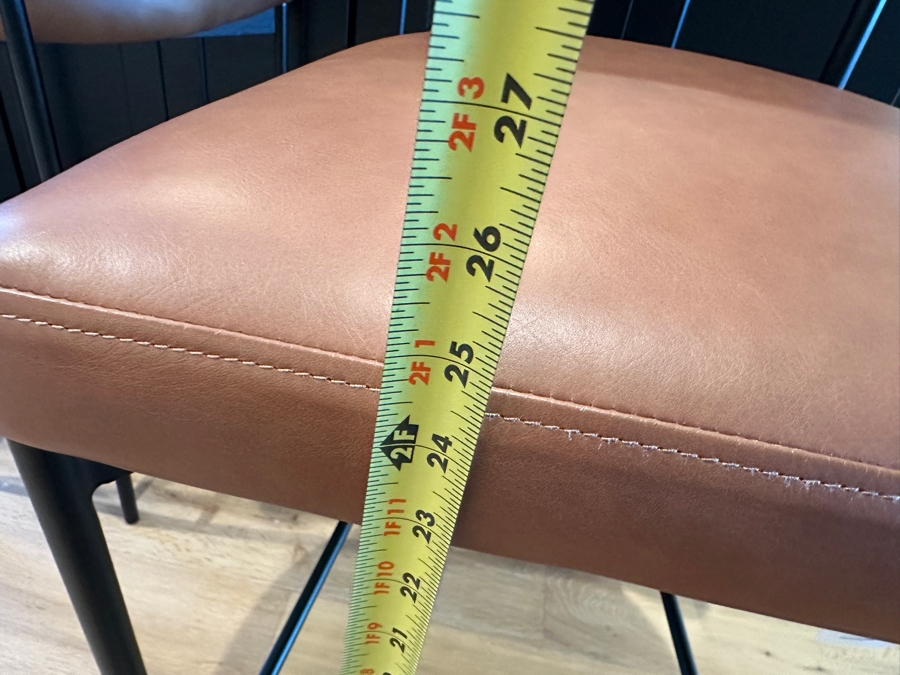 Set of (3) Pottery Barn Maison Leather Counter Stool (24') - Vintage Caramel Leather and Antique Bronze Finish Retail $1677 ($559 Per Stool) [Photo 5]