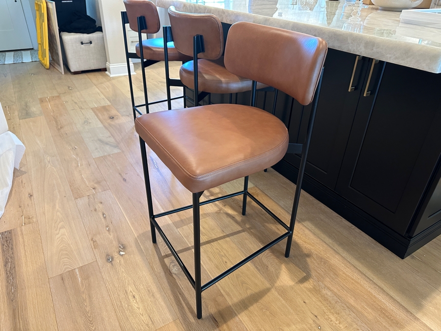 Set of (3) Pottery Barn Maison Leather Counter Stool (24') - Vintage Caramel Leather and Antique Bronze Finish Retail $1677 ($559 Per Stool) [Photo 4]