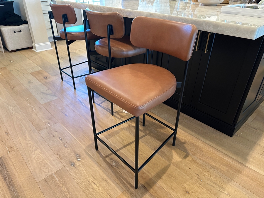 Set of (3) Pottery Barn Maison Leather Counter Stool (24') - Vintage Caramel Leather and Antique Bronze Finish Retail $1677 ($559 Per Stool)