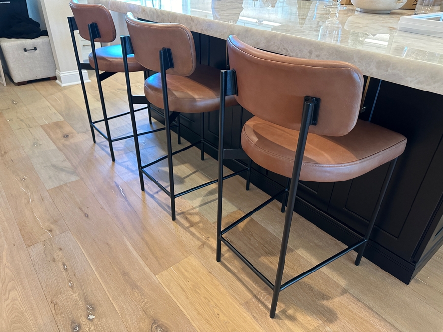 Set of (3) Pottery Barn Maison Leather Counter Stool (24') - Vintage Caramel Leather and Antique Bronze Finish Retail $1677 ($559 Per Stool) [Photo 3]