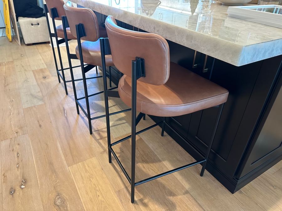 Set of (3) Pottery Barn Maison Leather Counter Stool (24') - Vintage Caramel Leather and Antique Bronze Finish Retail $1677 ($559 Per Stool) [Photo 2]