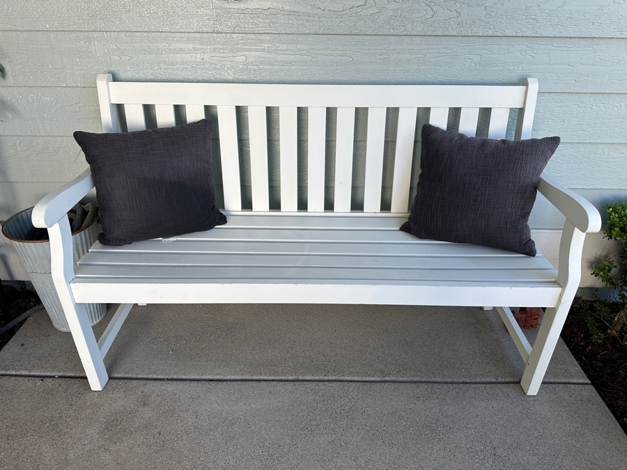 White Wooden Outdoor Bench with Pillows 57'W