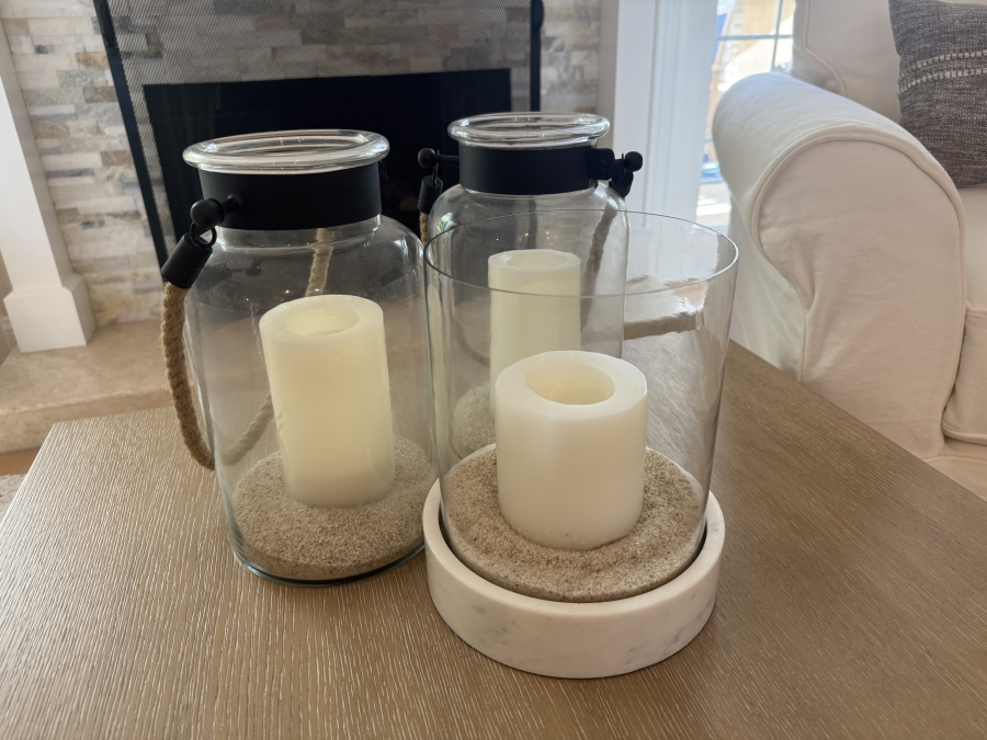 Set of (2) Pottery Barn Lanterns and (1) Marble-Based Lantern 12' and 9.25'