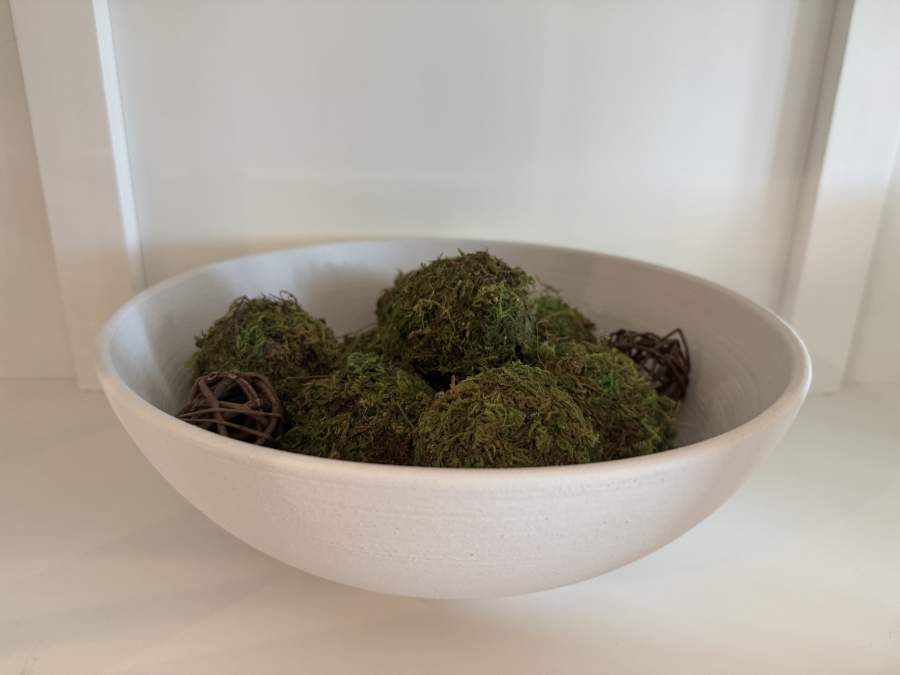 Decorative Bowl Containing Artificial Moss Balls and Rattan Spheres 12'W x 4.5'H
