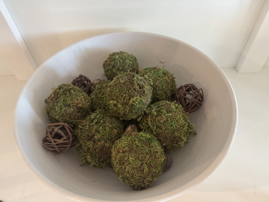Decorative Bowl Containing Artificial Moss Balls and Rattan Spheres 12'W x 4.5'H [Photo 2]