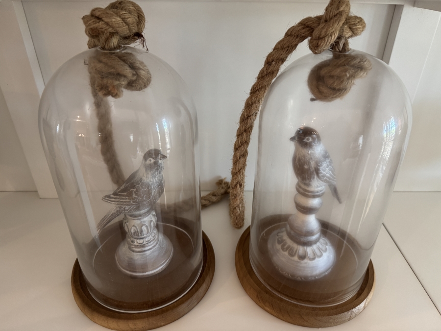 Pair of Decorative Glass Cloches with Bird Figurine on Pedestal 12'H [Photo 2]