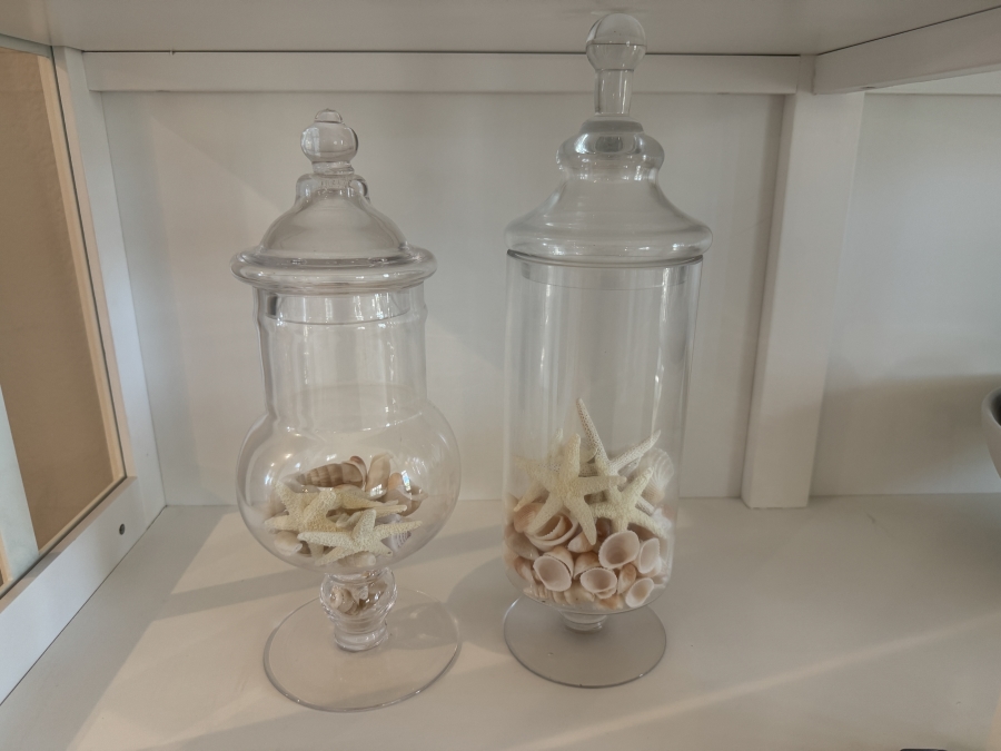 Glass Apothecary Jars with Seashells 14'H and 12'H