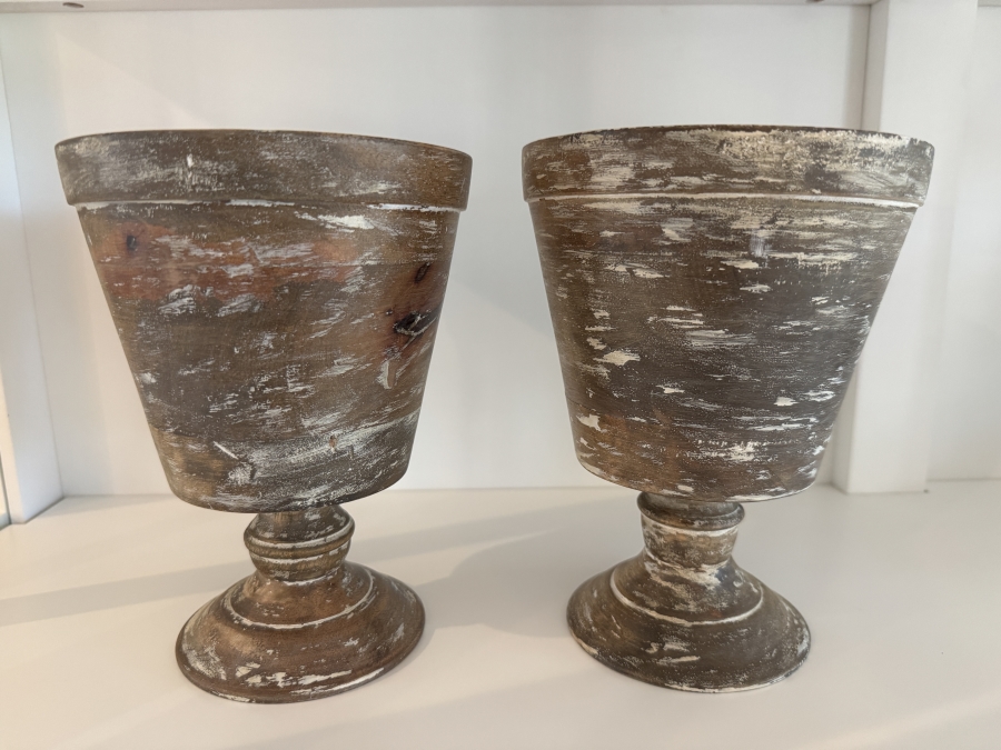 Pair of Distressed Pottery Barn Wooden Urns 7.5'H