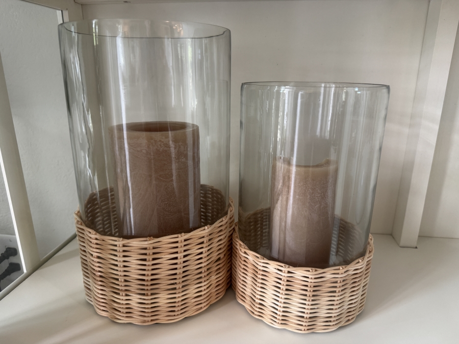 Glass and Natural Rattan Hurricane Candleholders 12'H and 10'H
