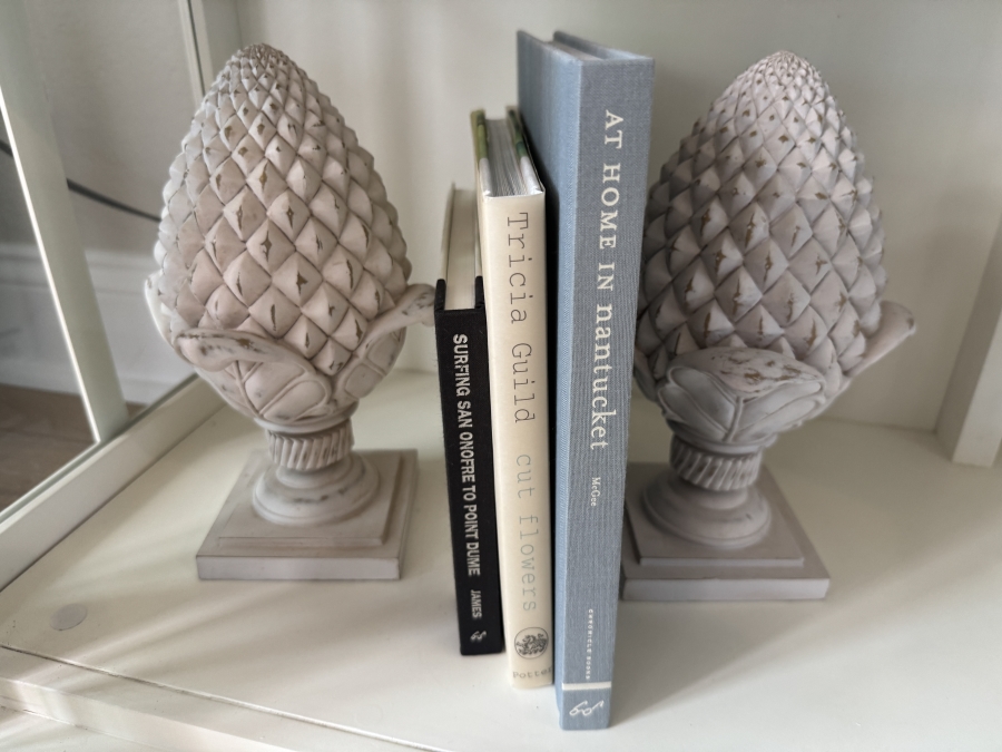 Pair of Pinecone Finial Bookends with Decorative Books