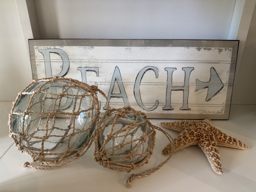 Nautical Glass Fishing Floats with Rope Netting, Starfish and Wooden 'BEACH' Sign 20'W x 8'H