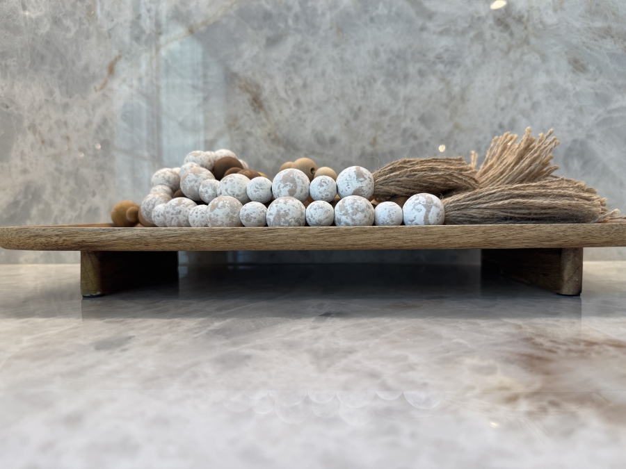 Wooden Tray (18'W x 10'D) with Set Of Distressed Wooden Bead Garlands With Jute Tassels In Natural Wood, Brown, And Whitewashed Finishes