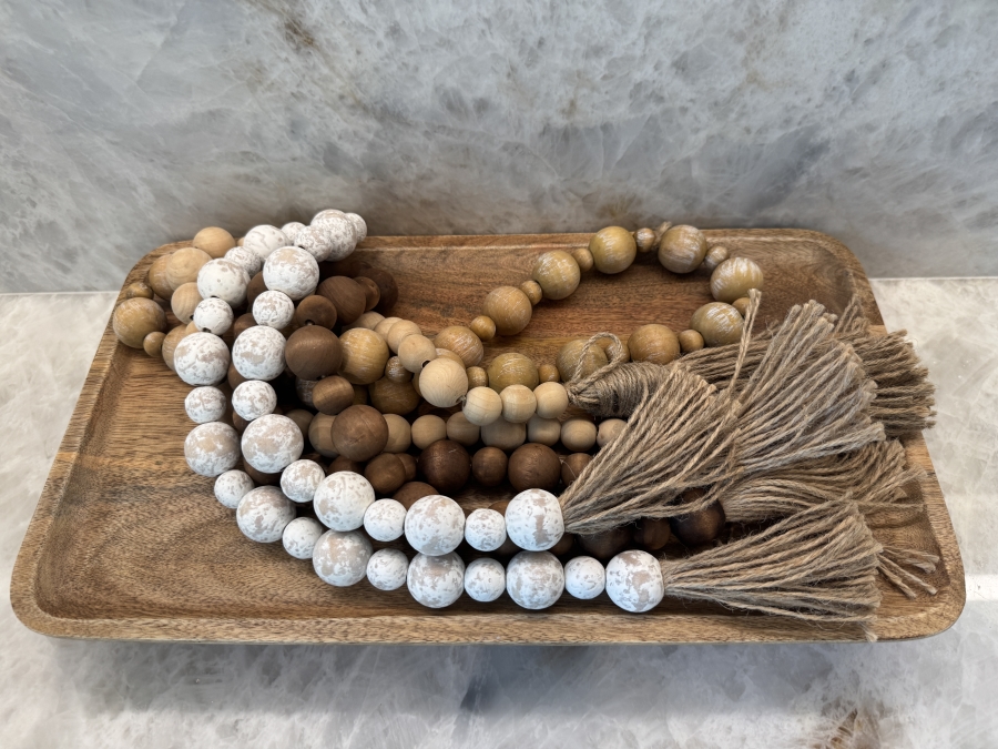 Wooden Tray (18'W x 10'D) with Set Of Distressed Wooden Bead Garlands With Jute Tassels In Natural Wood, Brown, And Whitewashed Finishes [Photo 2]