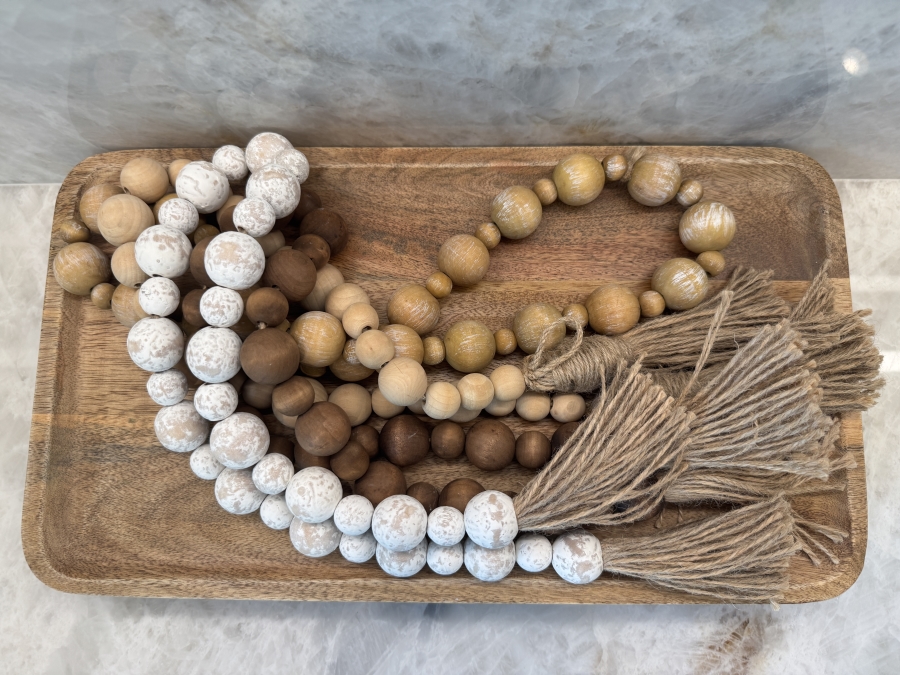 Wooden Tray (18'W x 10'D) with Set Of Distressed Wooden Bead Garlands With Jute Tassels In Natural Wood, Brown, And Whitewashed Finishes [Photo 3]