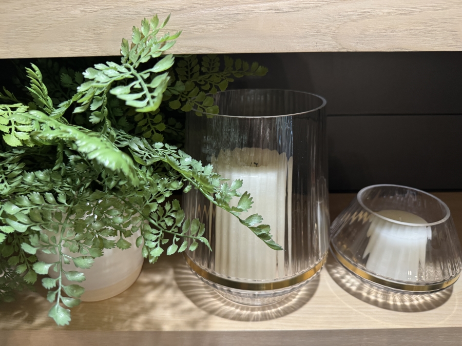 Set of Ribbed Glass Hurricane Candle Holders with Gold Rims and Faux Decorative Plant 10'H, 5'H and 6H [Photo 2]