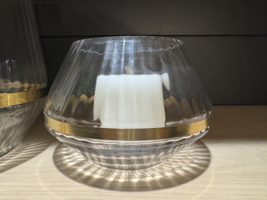 Set of Ribbed Glass Hurricane Candle Holders with Gold Rims and Faux Decorative Plant 10'H, 5'H and 6H [Photo 4]