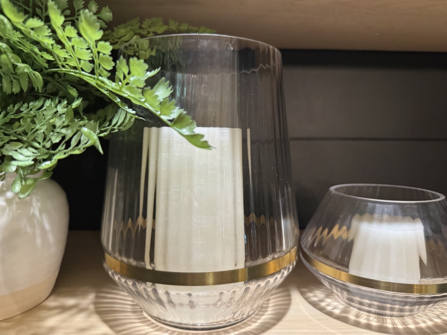 Set of Ribbed Glass Hurricane Candle Holders with Gold Rims and Faux Decorative Plant 10'H, 5'H and 6H [Photo 5]