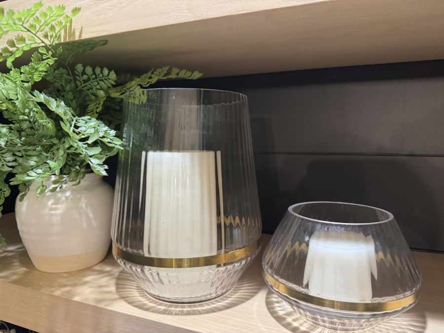 Set of Ribbed Glass Hurricane Candle Holders with Gold Rims and Faux Decorative Plant 10'H, 5'H and 6H [Photo 3]
