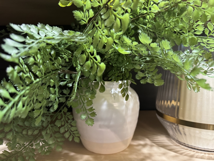 Set of Ribbed Glass Hurricane Candle Holders with Gold Rims and Faux Decorative Plant 10'H, 5'H and 6H [Photo 6]