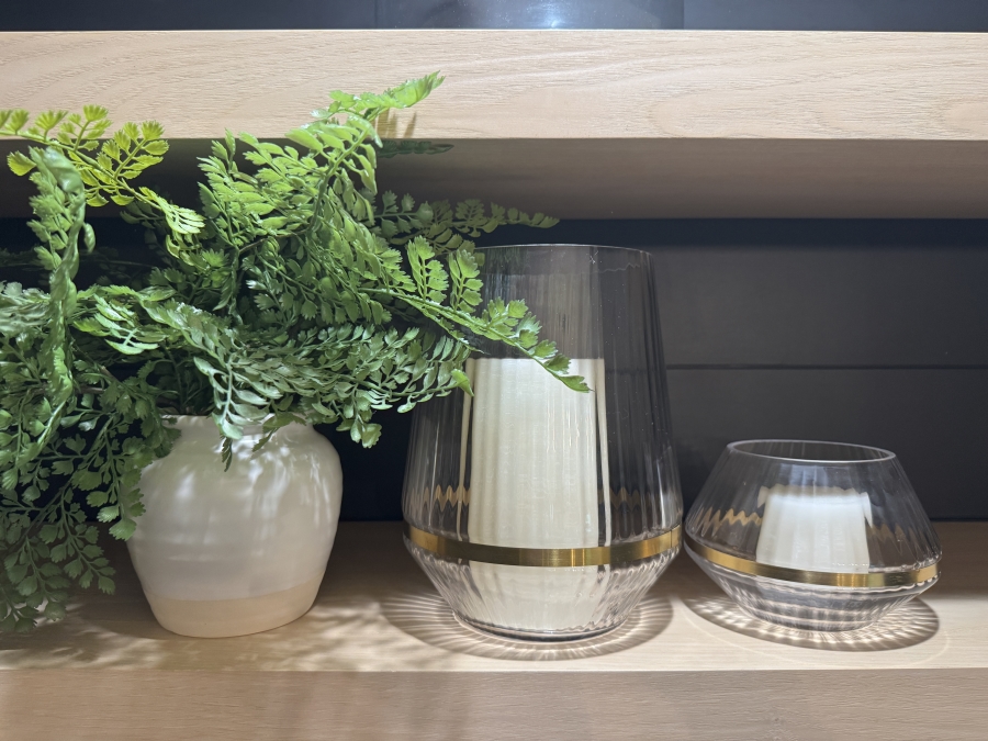 Set of Ribbed Glass Hurricane Candle Holders with Gold Rims and Faux Decorative Plant 10'H, 5'H and 6H