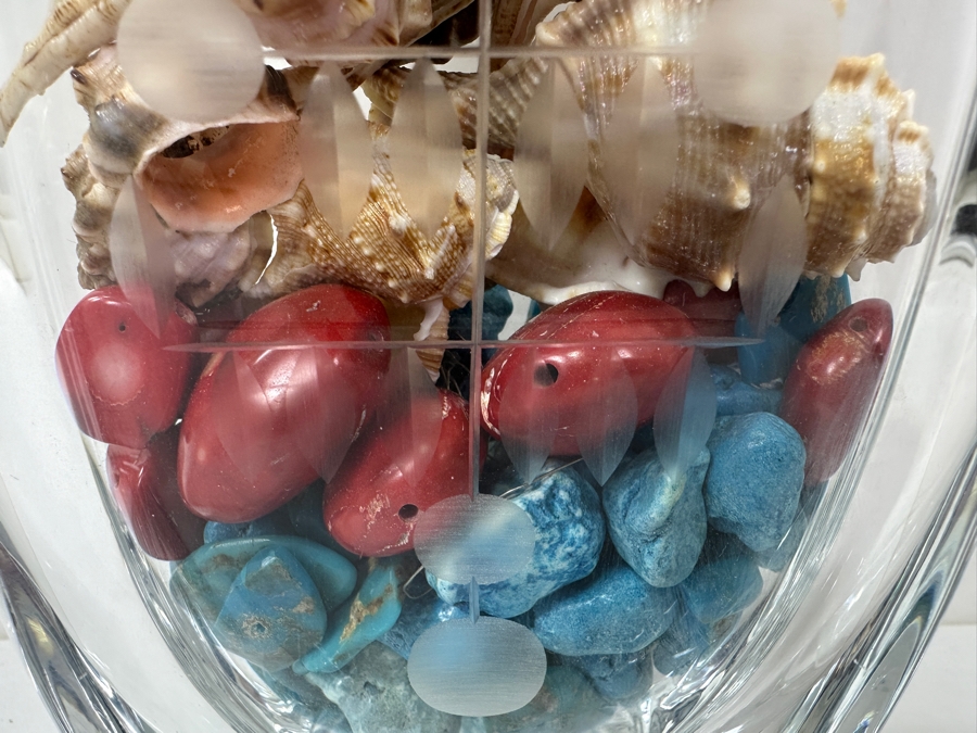 Etched Glass Vase Filled With Turquoise And Red Coral Beads And Organic Seashells 9'H [Photo 3]