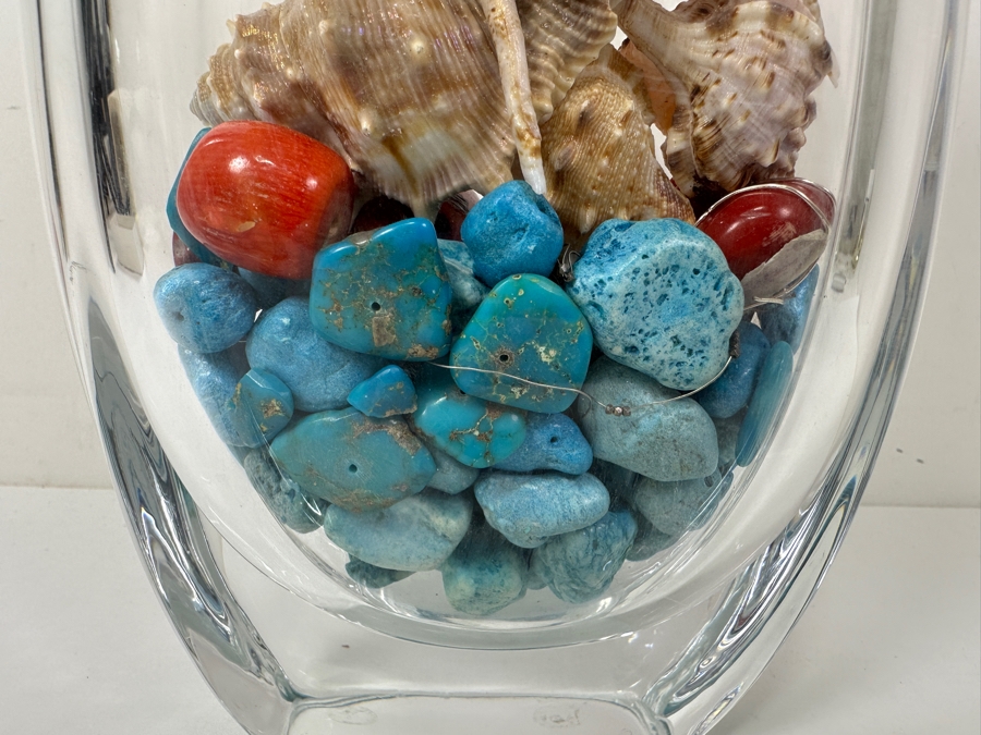 Etched Glass Vase Filled With Turquoise And Red Coral Beads And Organic Seashells 9'H [Photo 8]