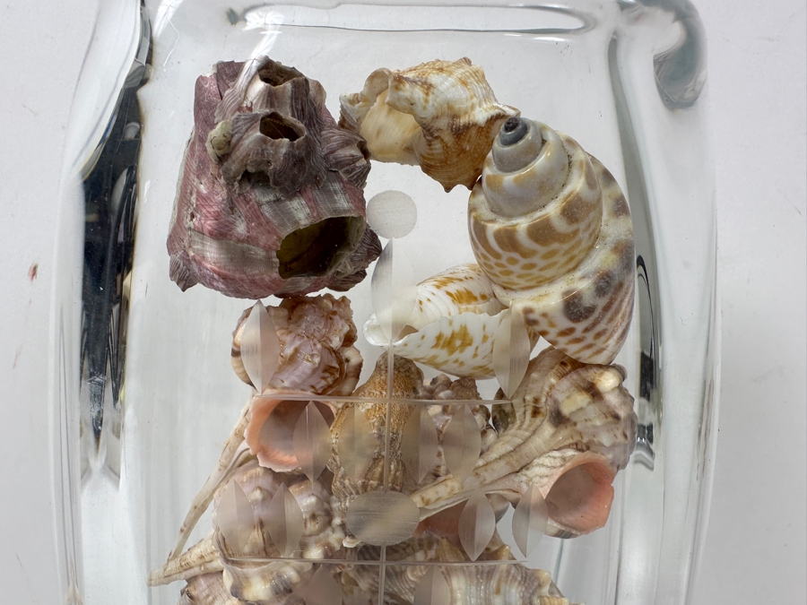 Etched Glass Vase Filled With Turquoise And Red Coral Beads And Organic Seashells 9'H [Photo 5]