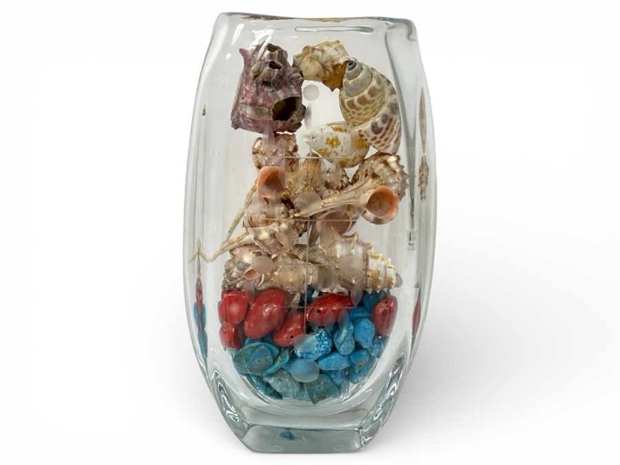 Etched Glass Vase Filled With Turquoise And Red Coral Beads And Organic Seashells 9'H