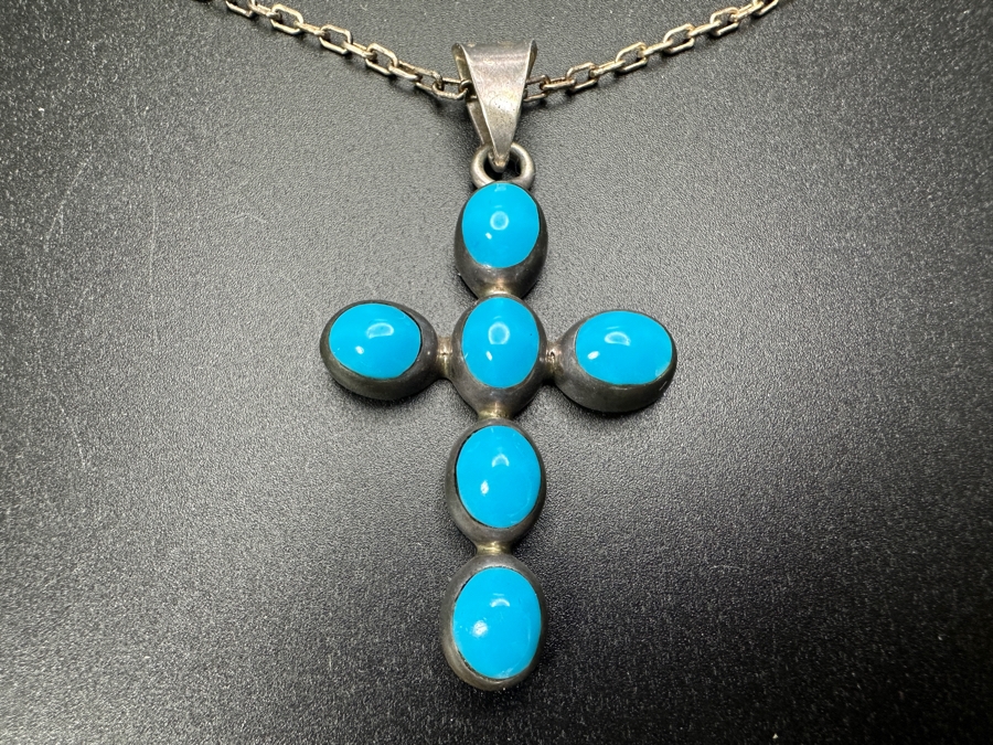 Just Added - Sterling Silver Turquoise Mexican Cross Pendant With 21' Sterling Silver Chain Necklace 17.8g [Photo 4]