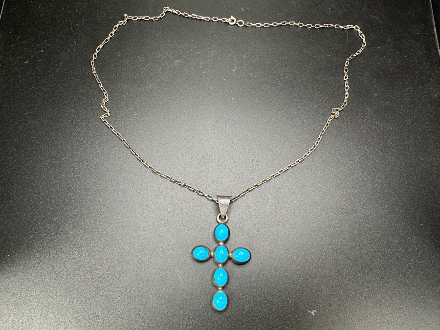 Just Added - Sterling Silver Turquoise Mexican Cross Pendant With 21' Sterling Silver Chain Necklace 17.8g [Photo 2]