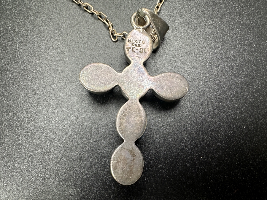 Just Added - Sterling Silver Turquoise Mexican Cross Pendant With 21' Sterling Silver Chain Necklace 17.8g [Photo 7]