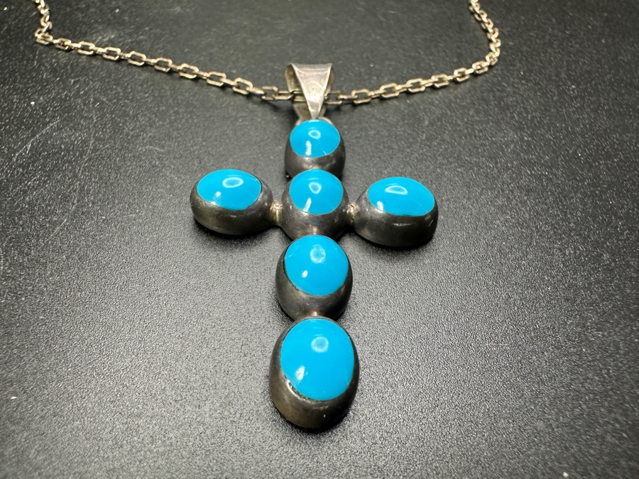 Just Added - Sterling Silver Turquoise Mexican Cross Pendant With 21' Sterling Silver Chain Necklace 17.8g [Photo 5]