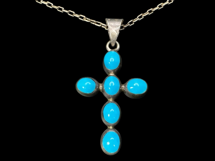 Just Added - Sterling Silver Turquoise Mexican Cross Pendant With 21' Sterling Silver Chain Necklace 17.8g