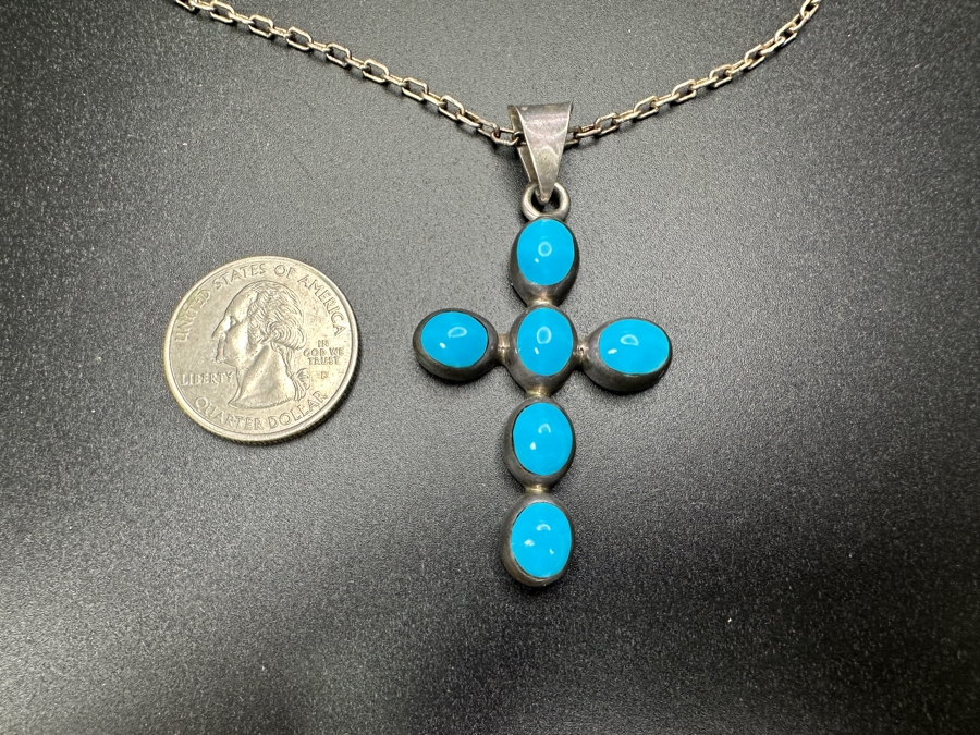 Just Added - Sterling Silver Turquoise Mexican Cross Pendant With 21' Sterling Silver Chain Necklace 17.8g [Photo 6]