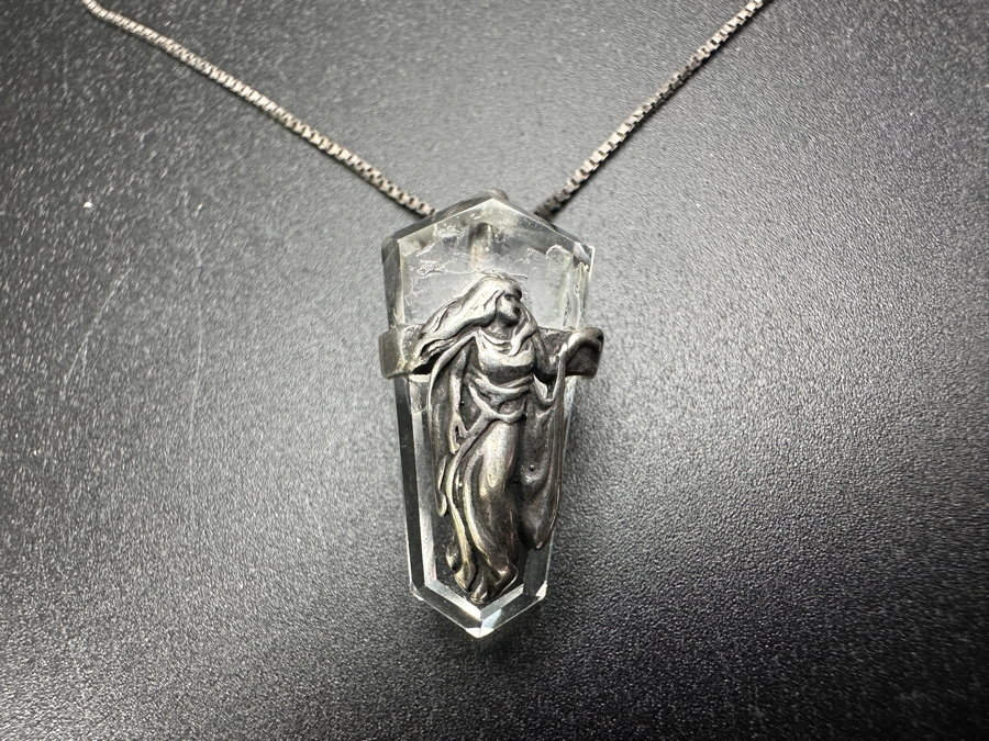 Just Added - Sterling Silver Crystal Pendant With 25' Sterling Silver Chain Necklace 6.7g [Photo 2]