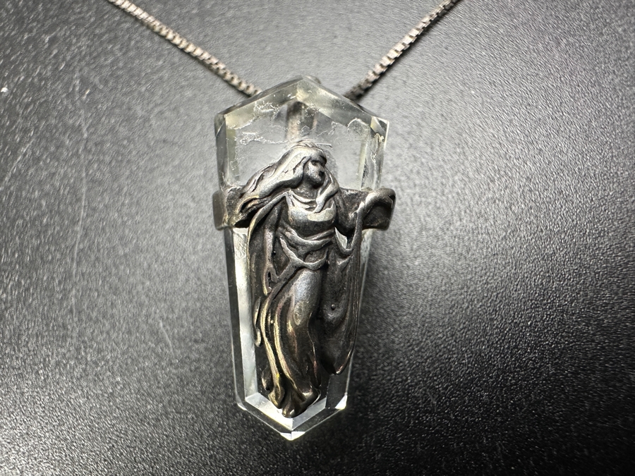 Just Added - Sterling Silver Crystal Pendant With 25' Sterling Silver Chain Necklace 6.7g [Photo 3]