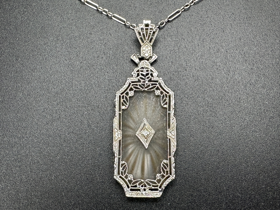 Just Added - Antique Art Deco 14k White Gold Camphor Glass Pendant With Diamond And 14k White Gold 16' Chain Necklace 5.0g Estimate $2,000 [Photo 6]