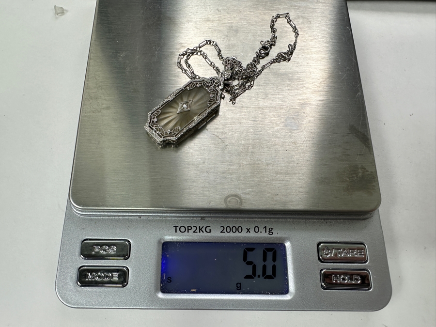 Just Added - Antique Art Deco 14k White Gold Camphor Glass Pendant With Diamond And 14k White Gold 16' Chain Necklace 5.0g Estimate $2,000 [Photo 10]