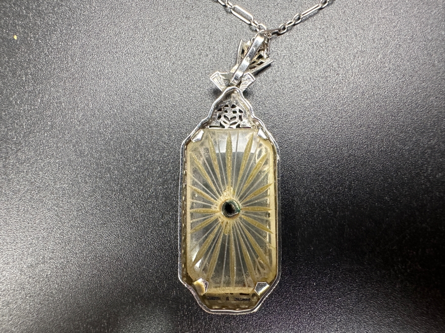 Just Added - Antique Art Deco 14k White Gold Camphor Glass Pendant With Diamond And 14k White Gold 16' Chain Necklace 5.0g Estimate $2,000 [Photo 7]